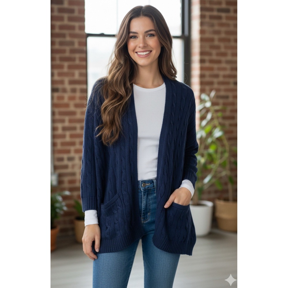 Polo Ralph Lauren Boxy Cable Knit Pima Cardigan Women M Navy Crop Sleeve Pockets